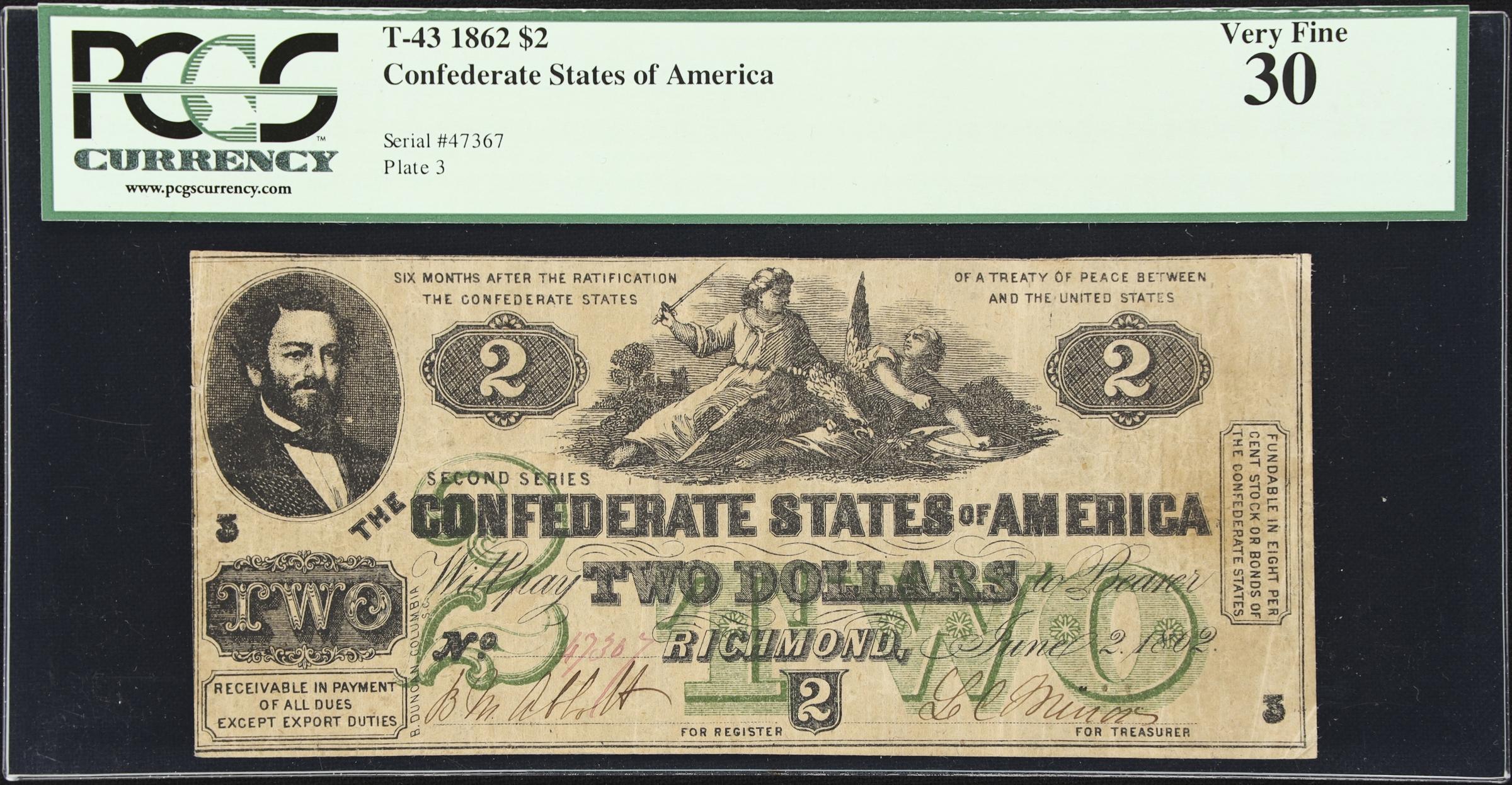 image for: T-43. Confederate Currency. 1862 $2. PCGS Currency Very Fine 30.