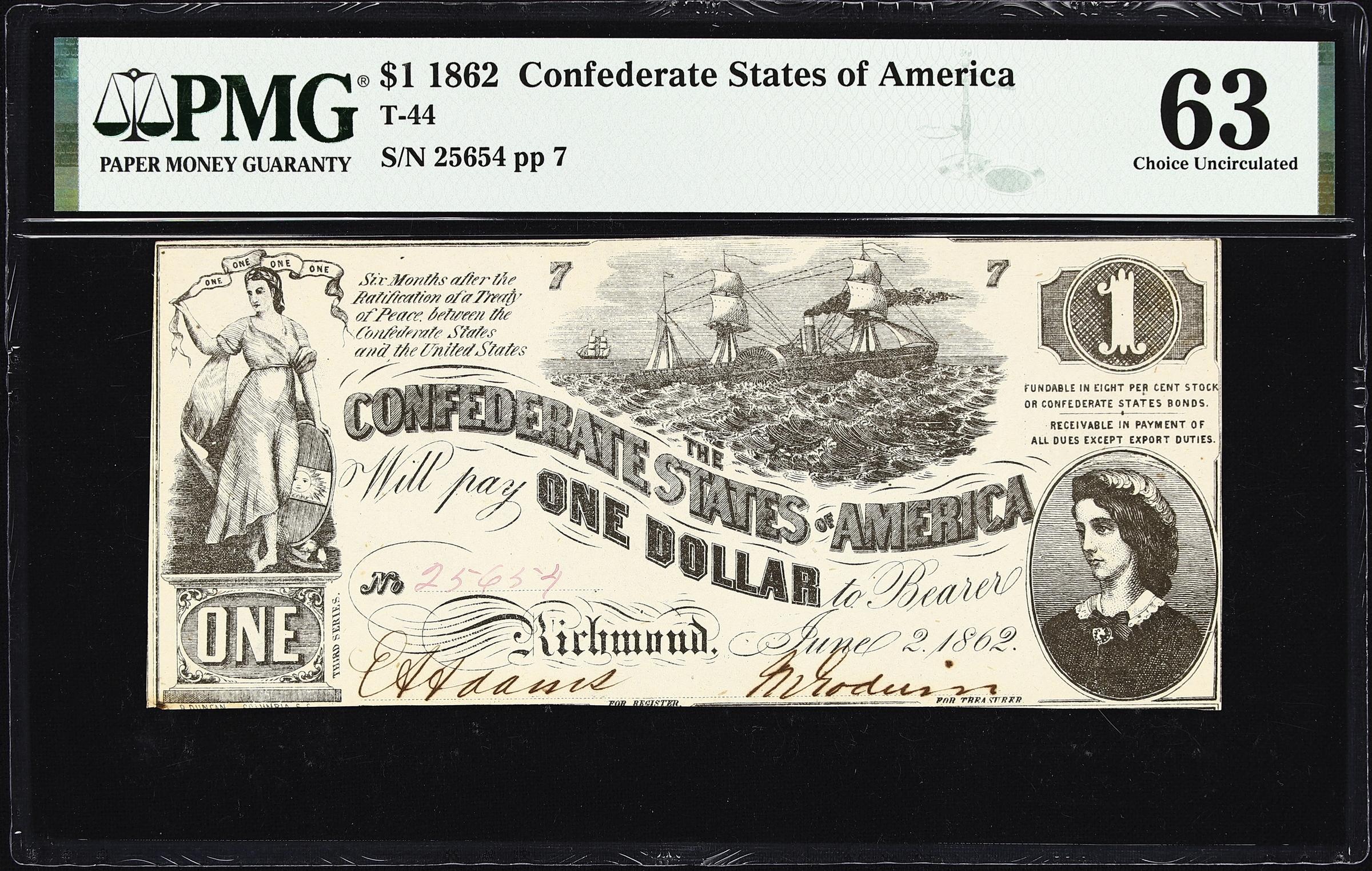 image for: T-44. Confederate Currency. 1862 $1. PMG Choice Uncirculated 63.