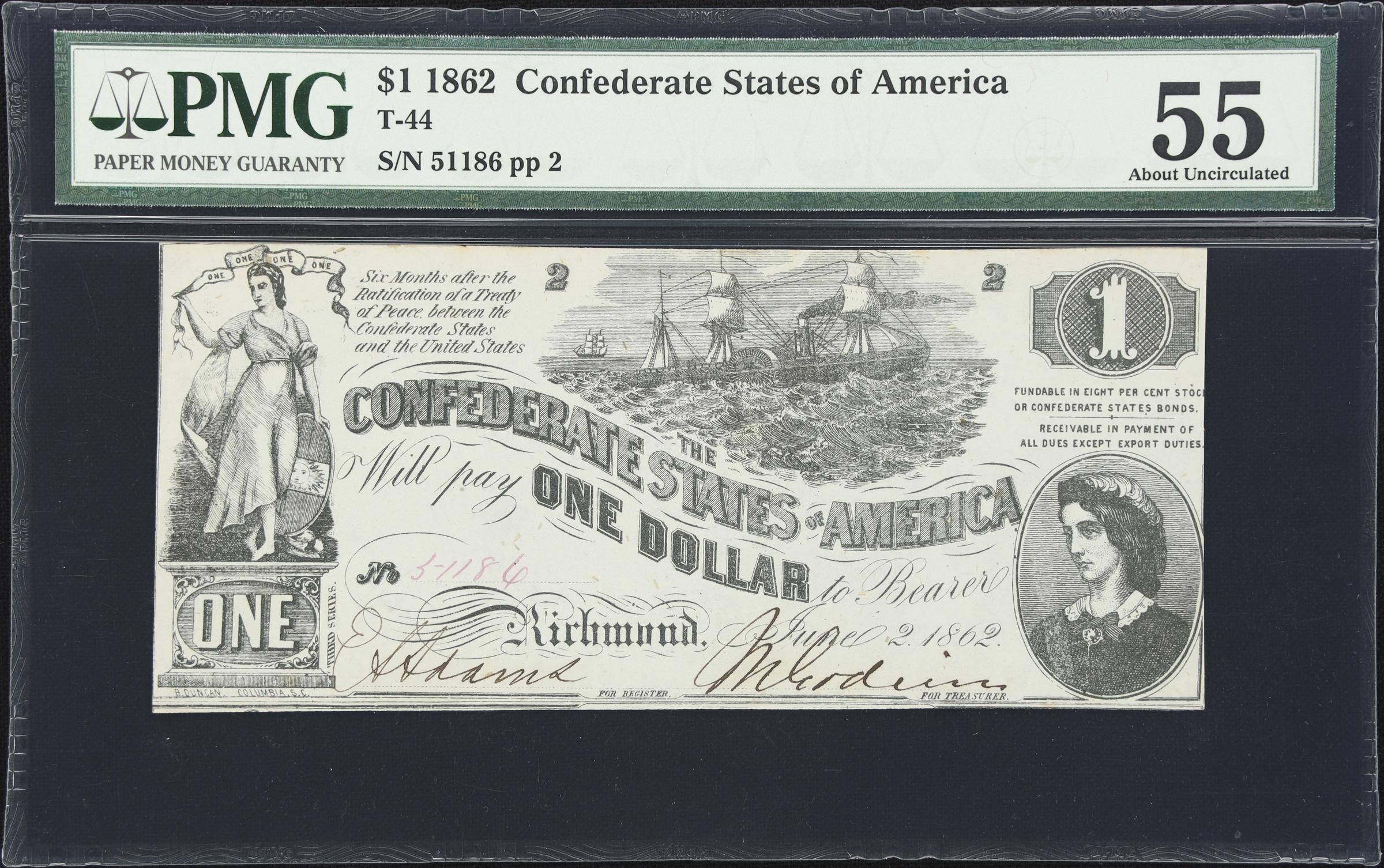 image for: T-44. Confederate Currency. 1862 $1. PMG About Uncirculated 55.