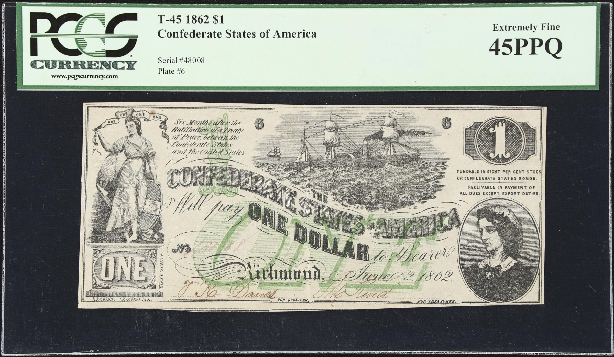 image for: T-45. Confederate Currency. 1862 $1. PCGS Currency Extremely Fine 45 PPQ.