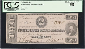 image for: T-54. Confederate Currency. 1862 $2. PCGS Currency Choice About New 58.