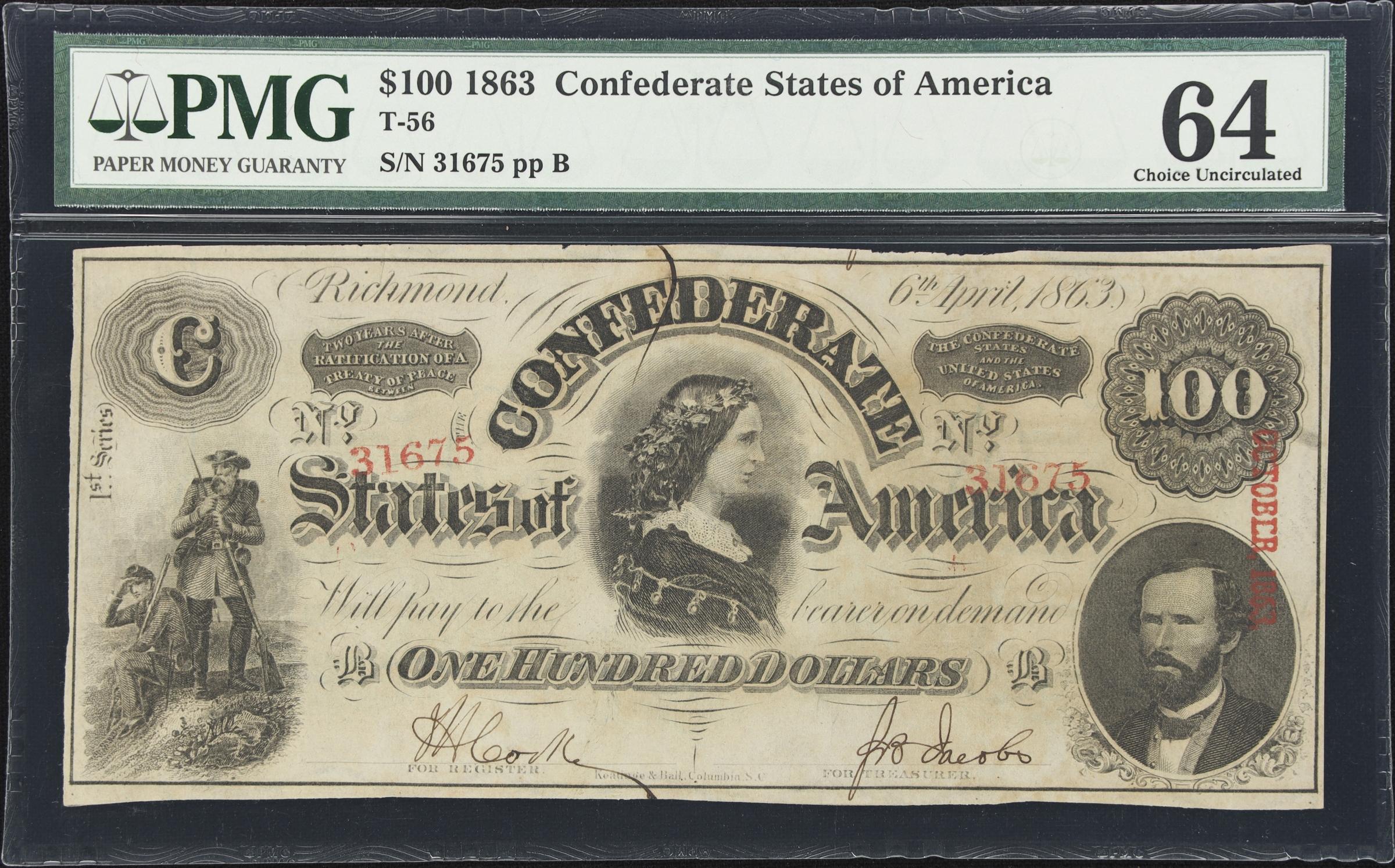 image for: T-56. Confederate Currency. 1863 $100. PMG Choice Uncirculated 64.