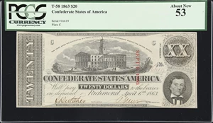 image for: T-58. Confederate Currency. 1863 $20. PCGS Currency About New 53.