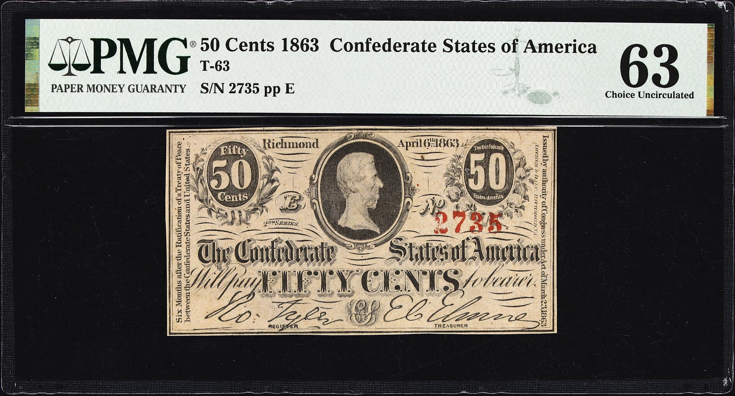 image for: T-63. Confederate Currency. 1863 50 Cents. PMG Choice Uncirculated 63.