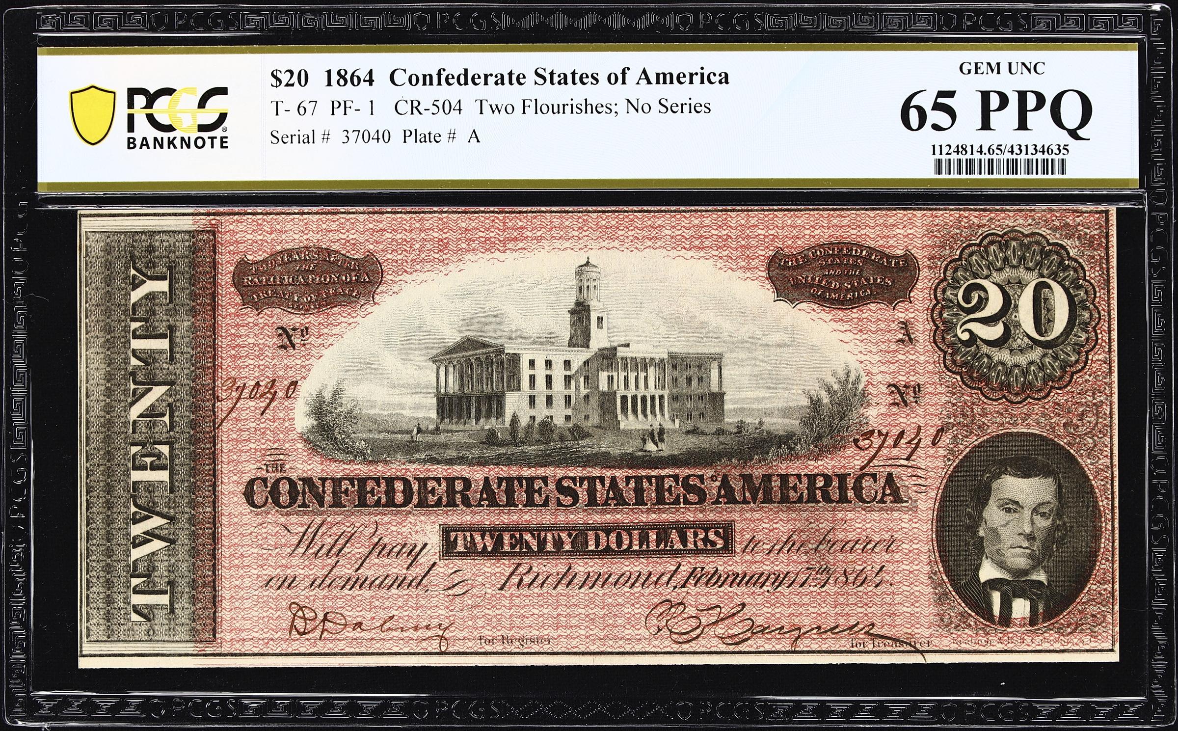 image for: T-67. Confederate Currency. 1864 $20. PCGS Banknote Gem Uncirculated 65 PPQ.