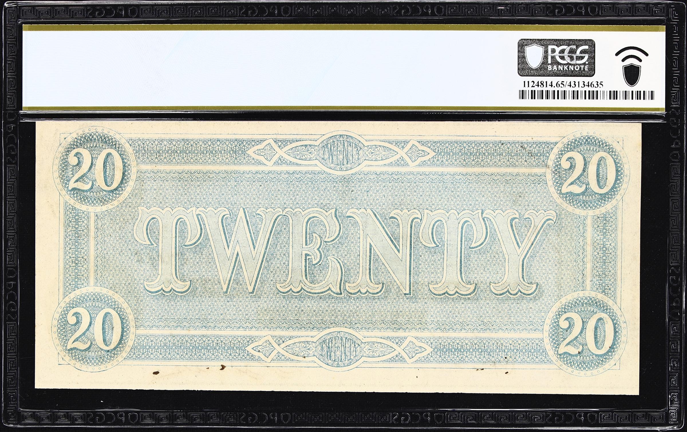 image for: T-67. Confederate Currency. 1864 $20. PCGS Banknote Gem Uncirculated 65 PPQ.