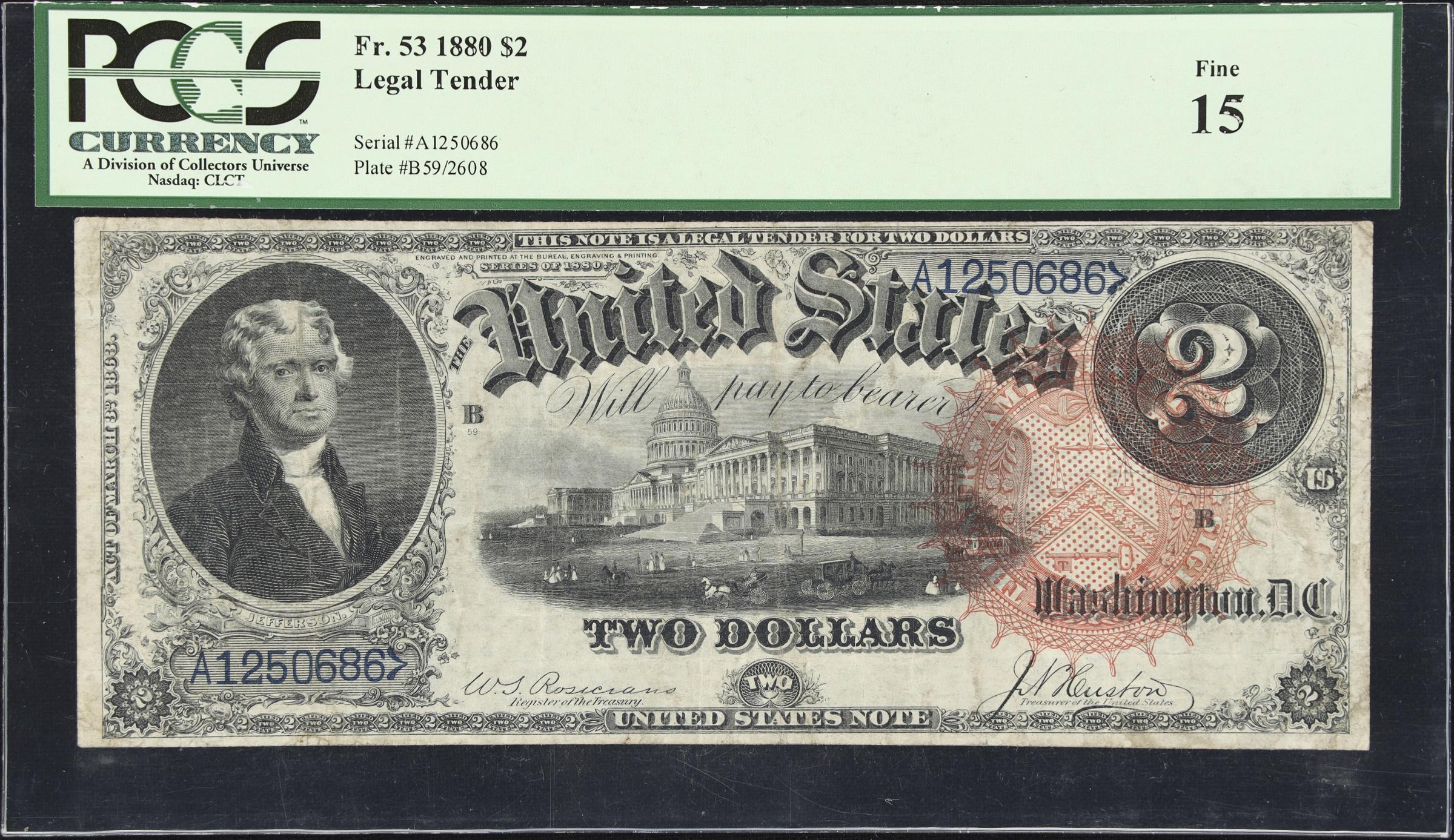 image for: Fr. 53. 1880 $2 Legal Tender Note. PCGS Currency Fine 15.