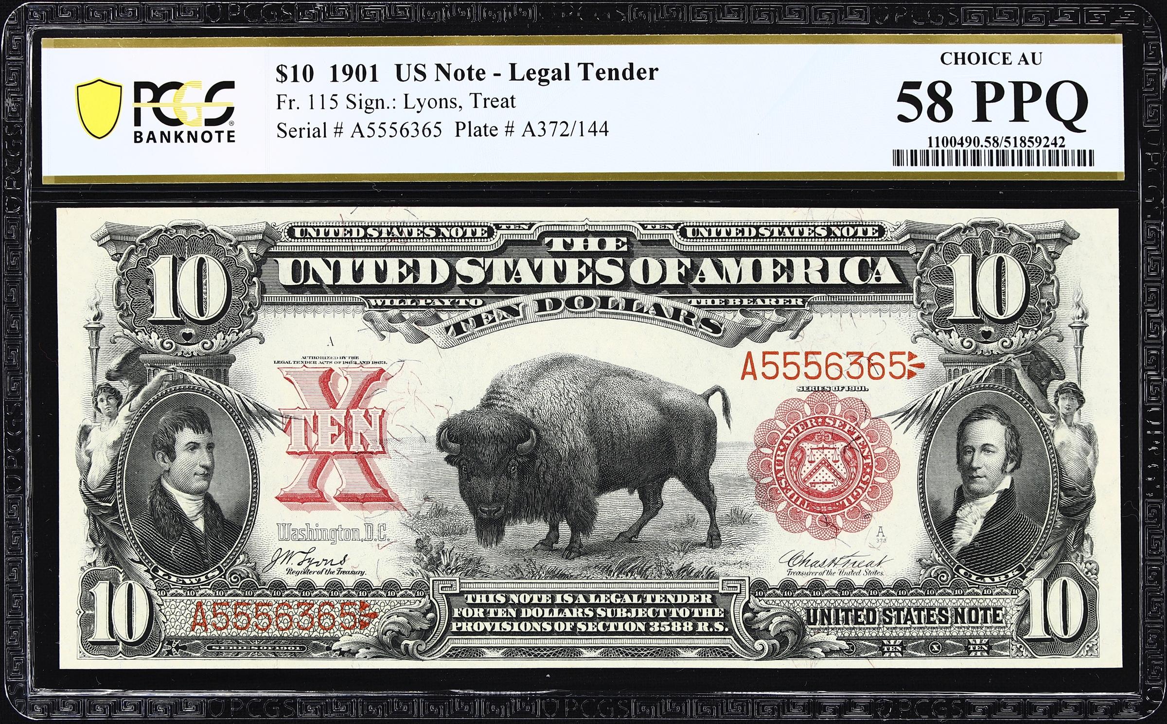 image for: Fr. 115. 1901 $10 Legal Tender Note. PCGS Banknote Choice About Uncirculated 58 PPQ.