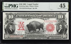 image for: Fr. 121m. 1901 $10 Legal Tender Note. Mule. PMG Choice Extremely Fine 45.