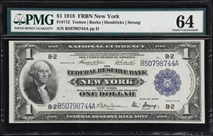 image for: Fr. 712. 1918 $1 Federal Reserve Bank Note. New York. PMG Choice Uncirculated 64.