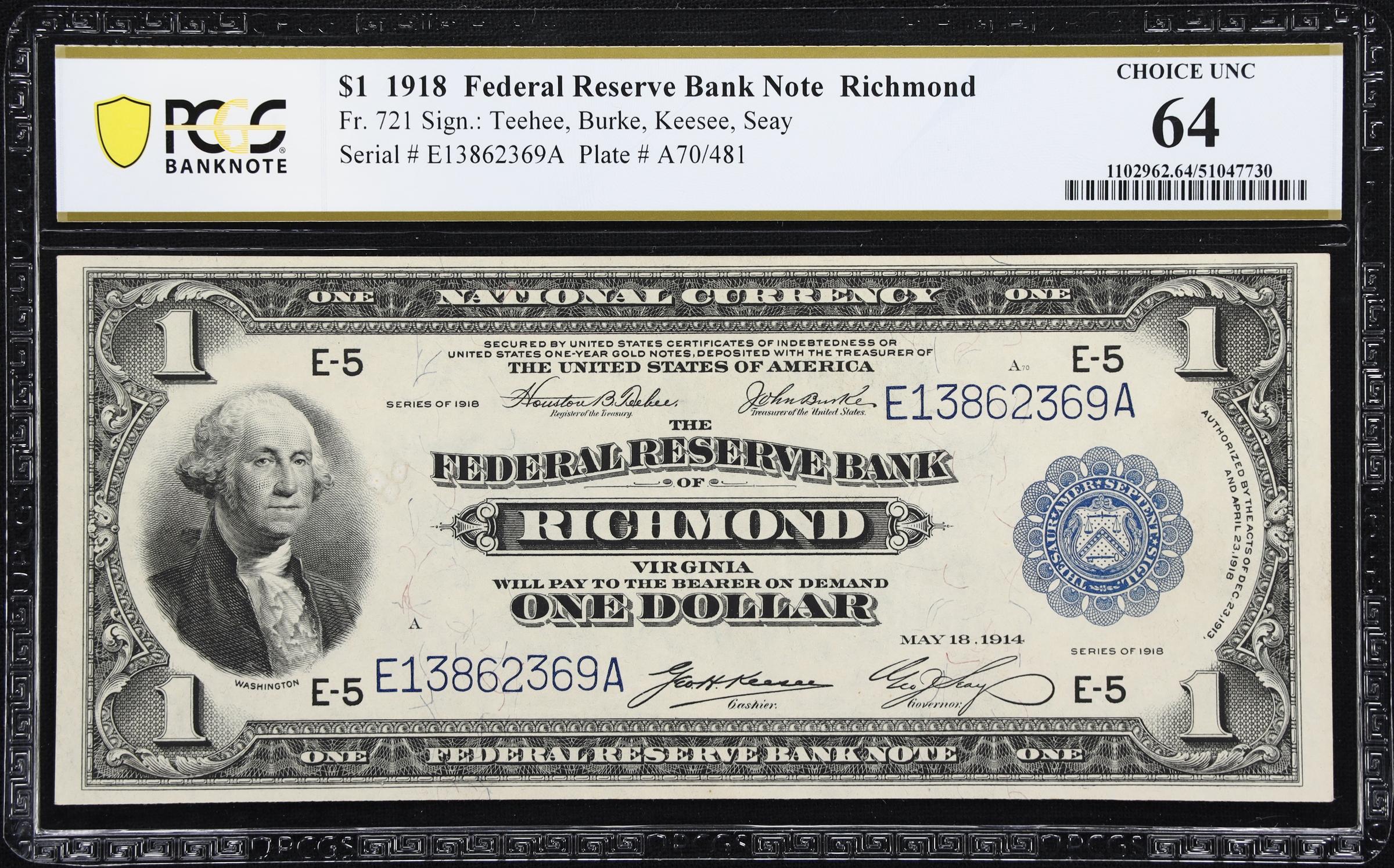 image for: Fr. 721. 1918 $1 Federal Reserve Bank Note. Richmond. PCGS Banknote Choice Uncirculated 64.