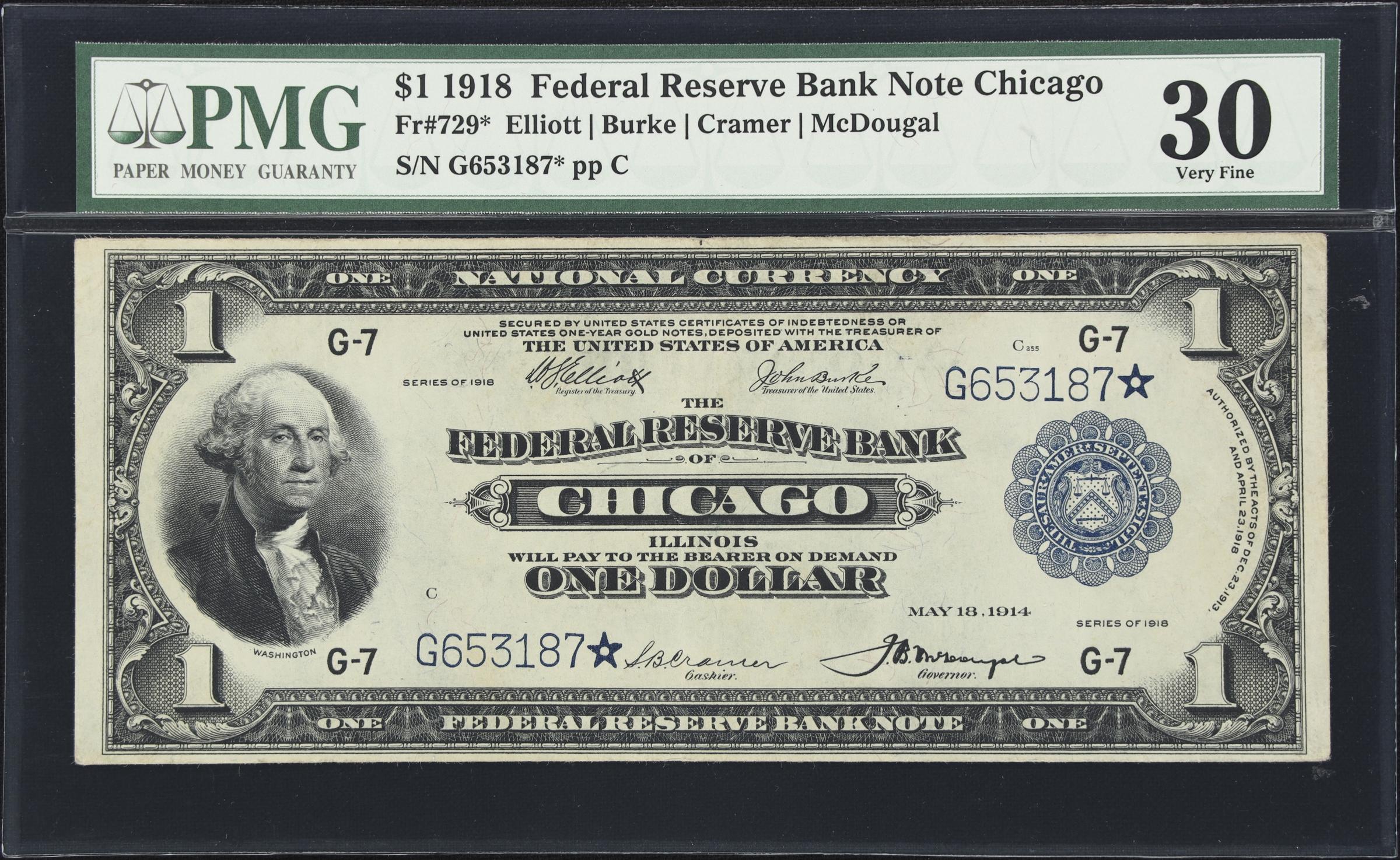 image for: Fr. 729*. 1918 $1 Federal Reserve Bank Star Note. Chicago. PMG Very Fine 30.