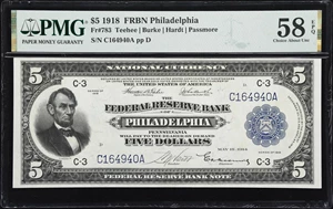 image for: Fr. 783. 1918 $5 Federal Reserve Bank Note. Philadelphia. PMG Choice About Uncirculated 58 EPQ.