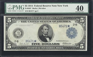 image for: Fr. 848*. 1914 $5 Federal Reserve Star Note. New York. PMG Extremely Fine 40.