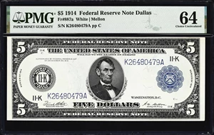 image for: Fr. 887a. 1914 $5 Federal Reserve Note. Dallas. PMG Choice Uncirculated 64.