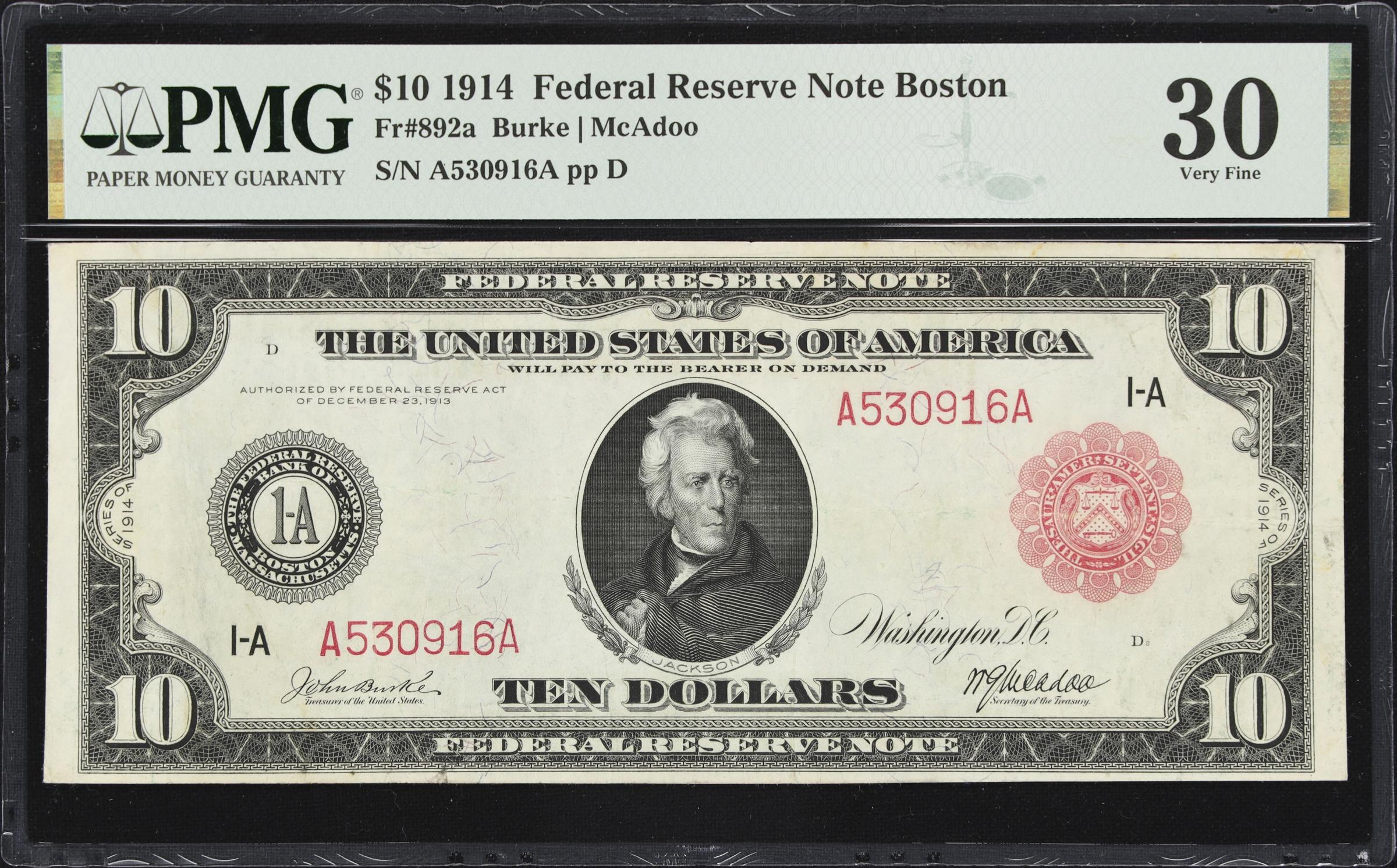 image for: Fr. 892a. 1914 Red Seal $10 Federal Reserve Note. Boston. PMG Very Fine 30.