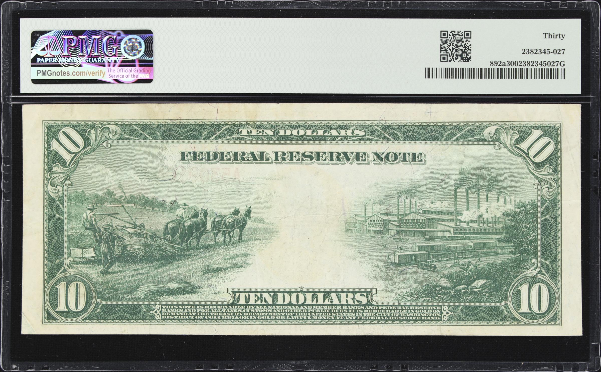 image for: Fr. 892a. 1914 Red Seal $10 Federal Reserve Note. Boston. PMG Very Fine 30.