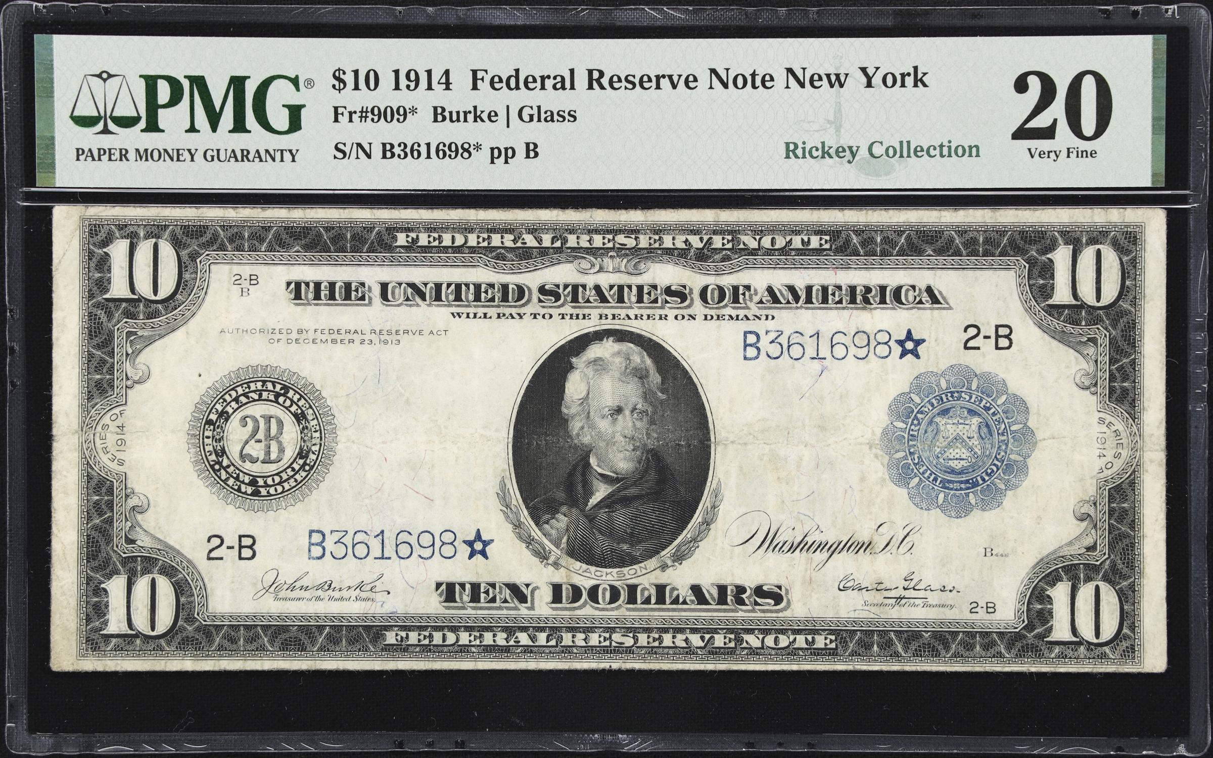 image for: Fr. 909*. 1914 $10 Federal Reserve Star Note. New York. PMG Very Fine 20.