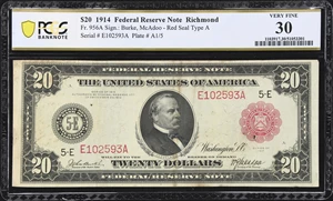image for: Fr. 956a. 1914 Red Seal $20 Federal Reserve Note. Richmond. PCGS Banknote Very Fine 30.