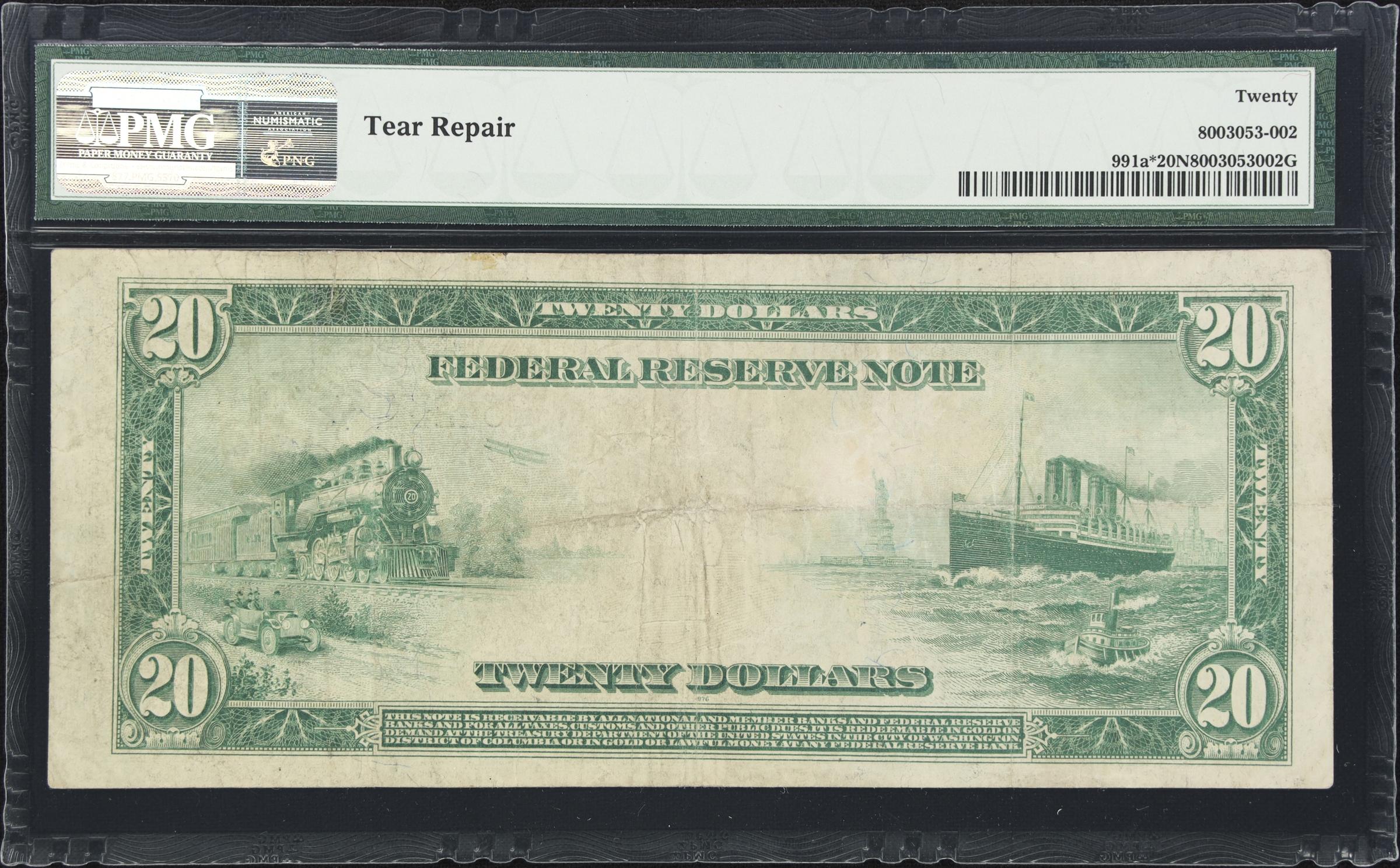 image for: Fr. 991a*. 1914 $20 Federal Reserve Star Note. Chicago. PMG Very Fine 20 Net. Tear Repair.