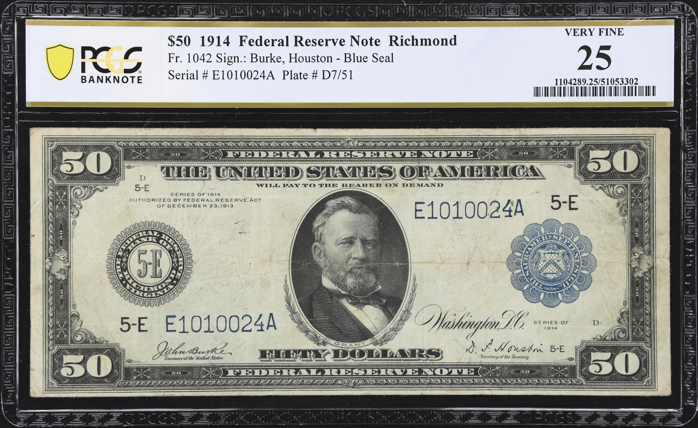 image for: Fr. 1042. 1914 $50 Federal Reserve Note. Richmond. PCGS Banknote Very Fine 25.