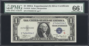 image for: Fr. 1610. 1935A $1 Silver Certificate. (S) Experimental. PMG Gem Uncirculated 66 EPQ.