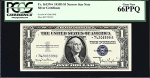 image for: Fr. 1613N*. 1935D $1 Silver Certificate Star Note. Narrow. PCGS Currency Gem New 66 PPQ.