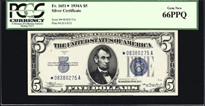 image for: Fr. 1651*. 1934A $5 Silver Certificate Star Note. PCGS Currency Gem New 66 PPQ.