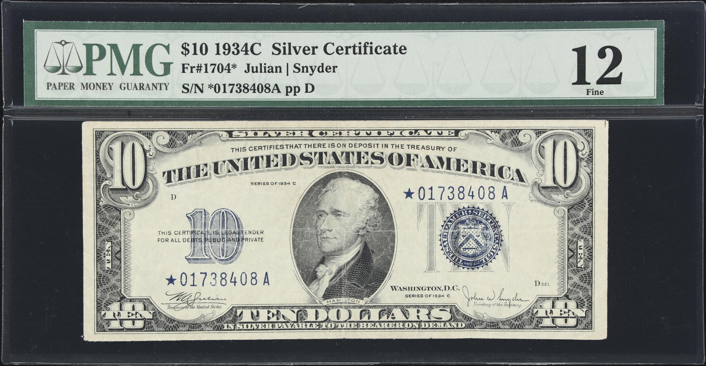 image for: Fr. 1704*. 1934C $10 Silver Certificate Star Note. PMG Fine 12.