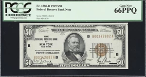 image for: Fr. 1880-B. 1929 $50 Federal Reserve Bank Note. New York. PCGS Currency Gem New 66 PPQ.