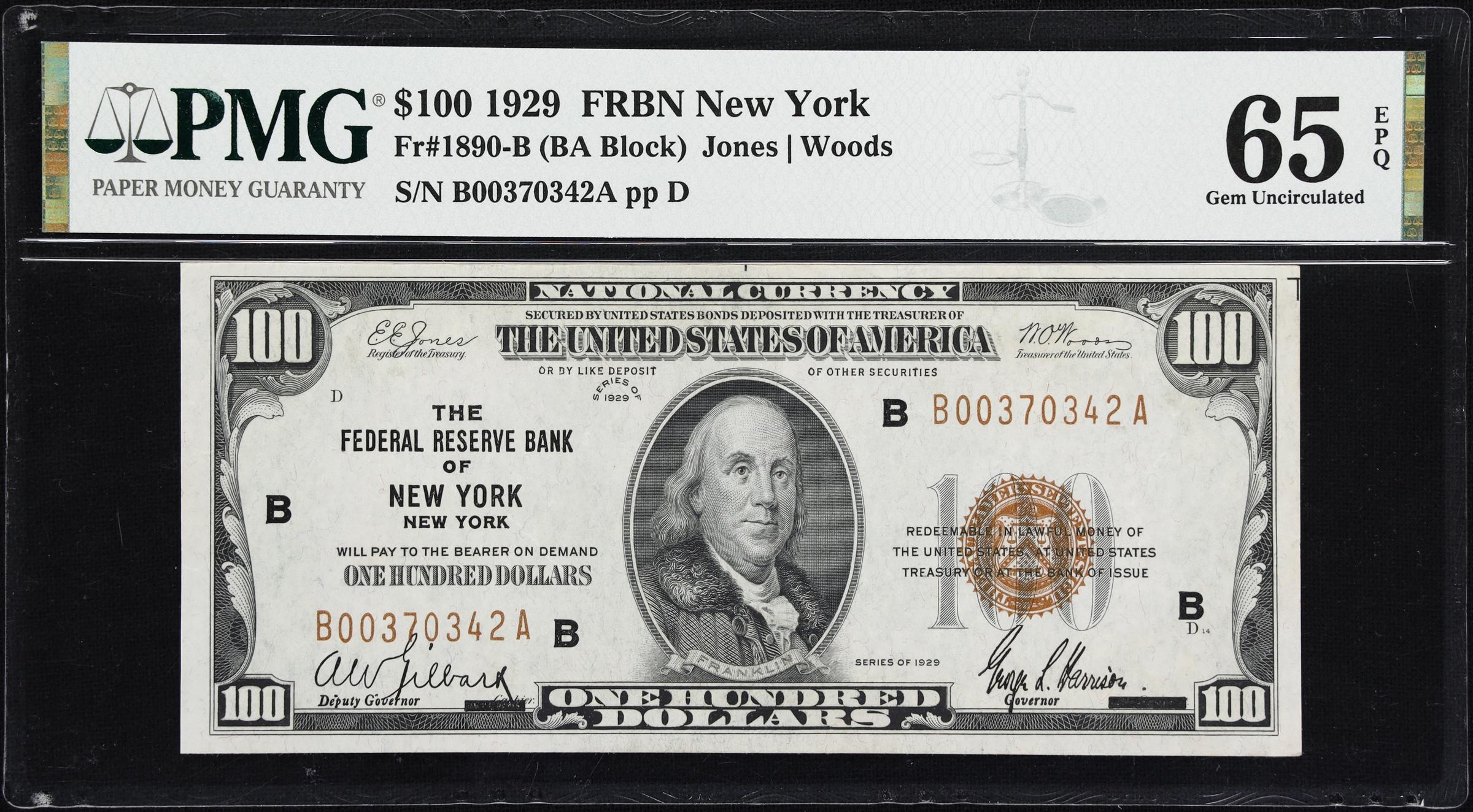 image for: Fr. 1890-B. 1929 $100 Federal Reserve Bank Note. New York. PMG Gem Uncirculated 65 EPQ.