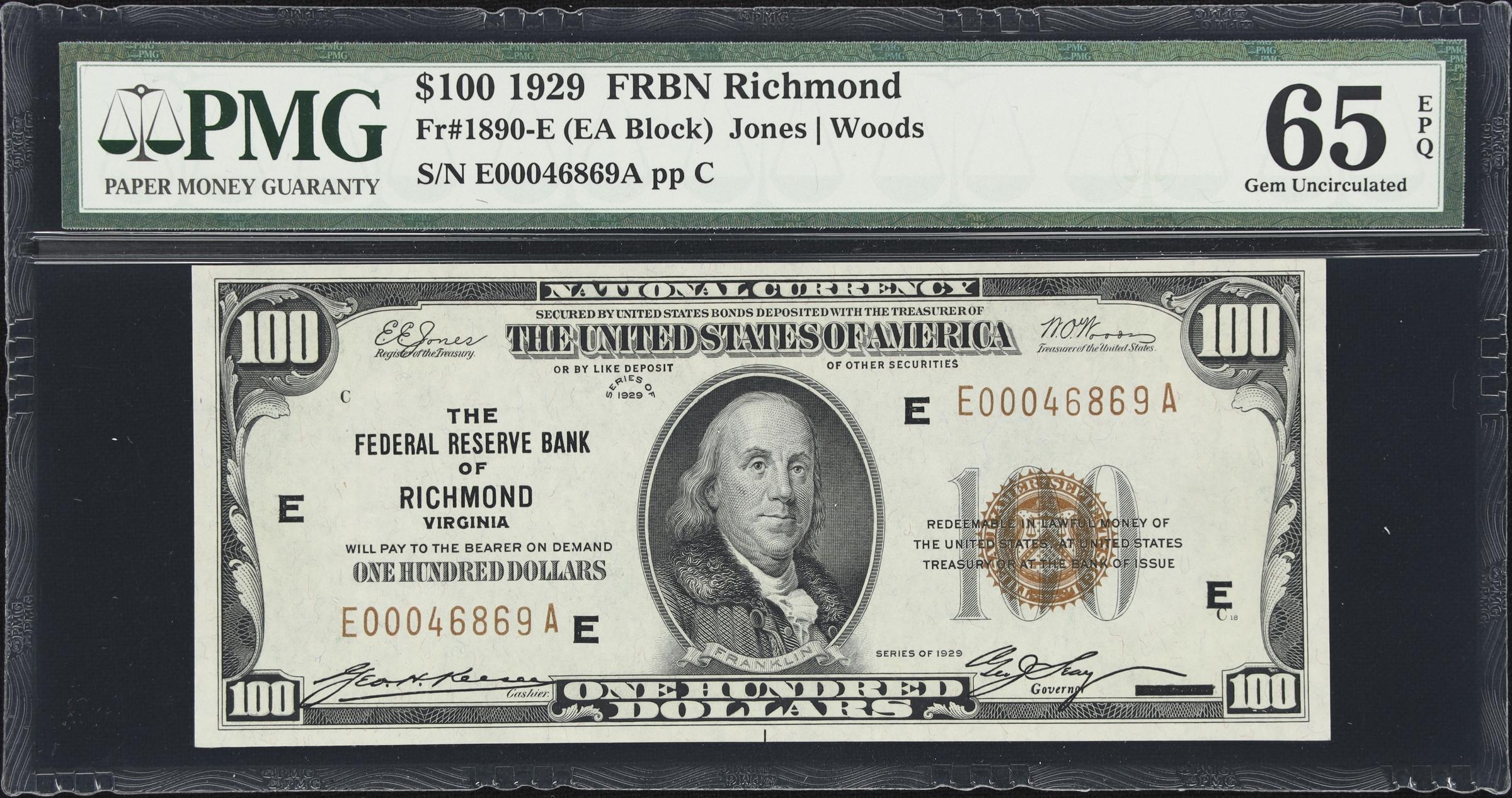 image for: Fr. 1890-E. 1929 $100 Federal Reserve Bank Note. Richmond. PMG Gem Uncirculated 65 EPQ.