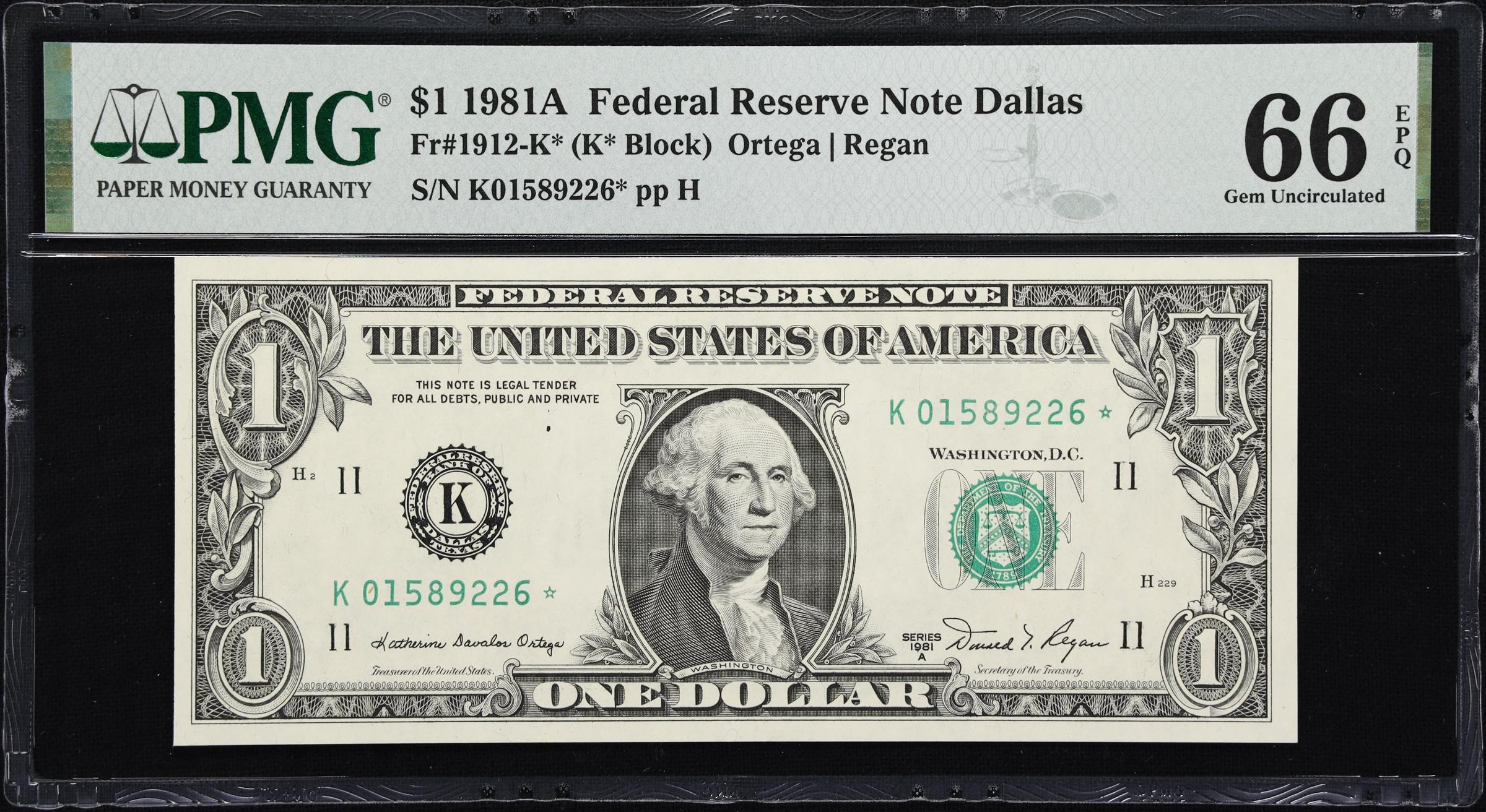 image for: Fr. 1912-K*. 1981A $1 Federal Reserve Star Note. Dallas. PMG Gem Uncirculated 66 EPQ.