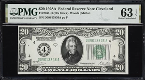 image for: Fr. 2051-D. 1928A $20 Federal Reserve Note. Cleveland. PMG Choice Uncirculated 63 EPQ.