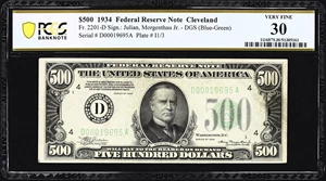 image for: Fr. 2201-D. 1934 Dark Green Seal $500 Federal Reserve Note. Cleveland. PCGS Banknote Very Fine 30.