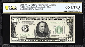image for: Fr. 2202-F. 1934A 500 Federal Reserve Note. Mule. Atlanta. PCGS Banknote Gem Uncirculated 65 PPQ.