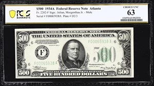 image for: Fr. 2202-F. 1934A $500 Federal Reserve Note. Mule. Atlanta. PCGS Banknote Choice Uncirculated 63.