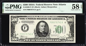 image for: Fr. 2202-F. 1934A $500 Federal Reserve Note. Atlanta. PMG Choice About Uncirculated 58 EPQ.