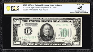image for: Fr. 2202-F. 1934A $500 Federal Reserve Note. Mule. Atlanta. PCGS Banknote Choice Extremely Fine 45.