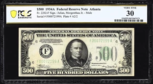 image for: Fr. 2202-F. 1934A $500 Federal Reserve Note. Mule. Atlanta. PCGS Banknote Very Fine 30.