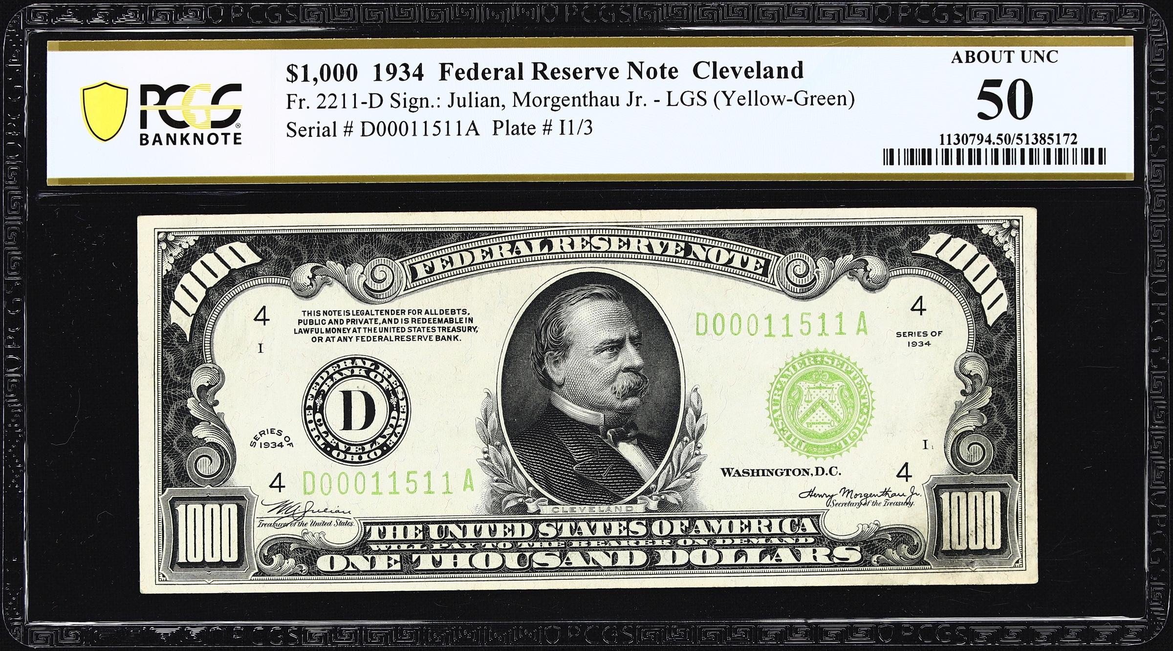 image for: Fr. 2211-D. 1934 Light Green Seal $1000 Federal Reserve Note. Cleveland. PCGS Banknote About Uncirculated 50.