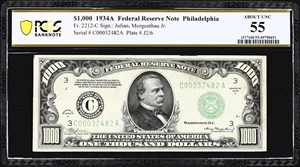 image for: Fr. 2212-C. 1934A $1000 Federal Reserve Note. Philadelphia. PCGS Banknote About Uncirculated 55.