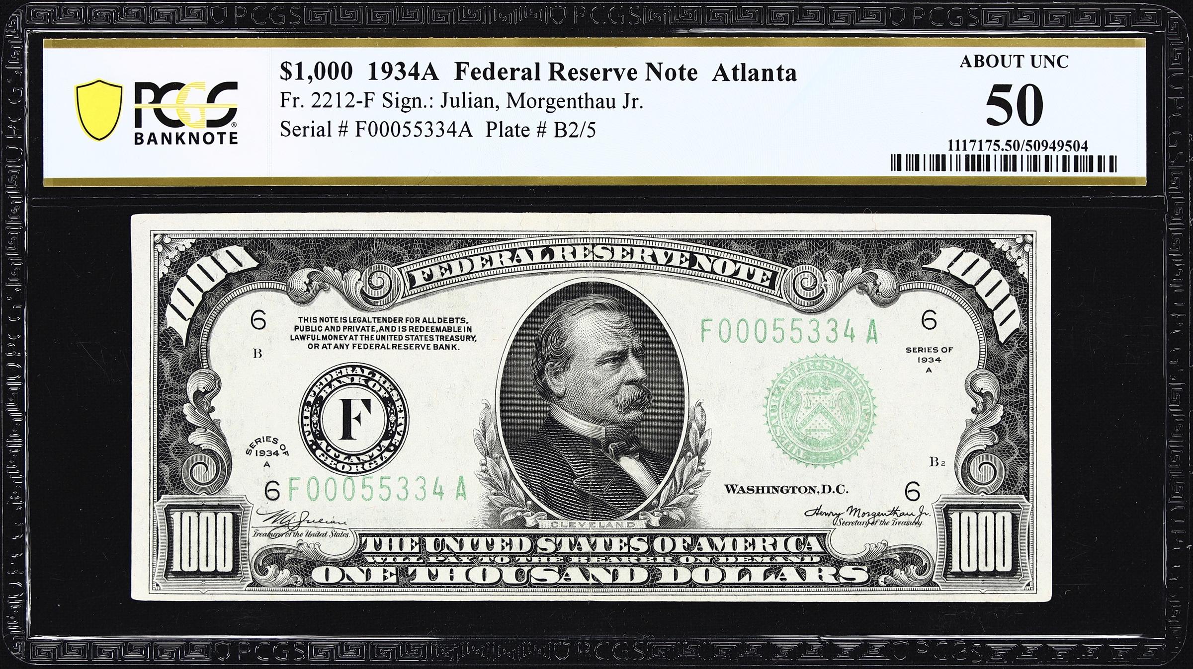image for: Fr. 2212-F. 1934A $1000 Federal Reserve Note. Atlanta. PCGS Banknote About Uncirculated 50.