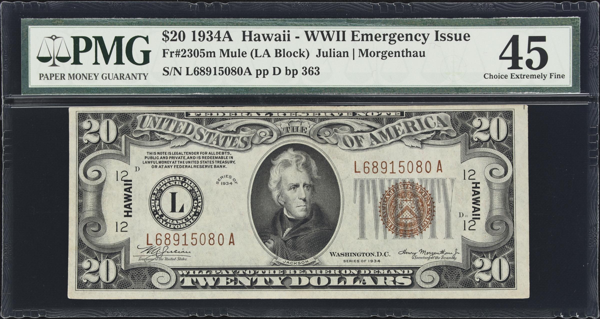 image for: Fr. 2305m. 1934A $20 Hawaii Emergency Note. Mule. PMG Choice Extremely Fine 45.