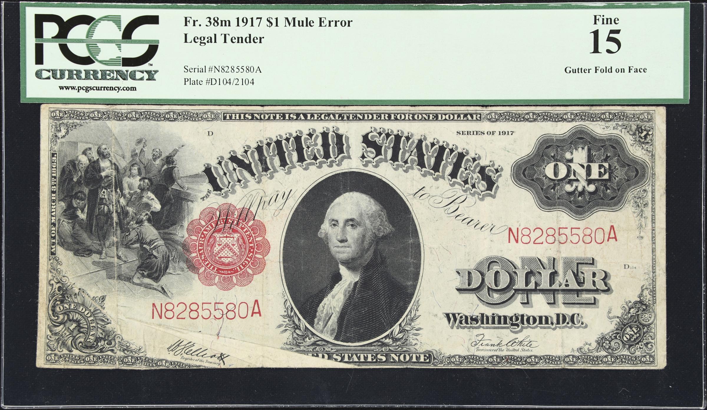image for: Fr. 38m. 1917 $1 Legal Tender Note. Mule. PCGS Currency Fine 15. Gutter Fold Error.