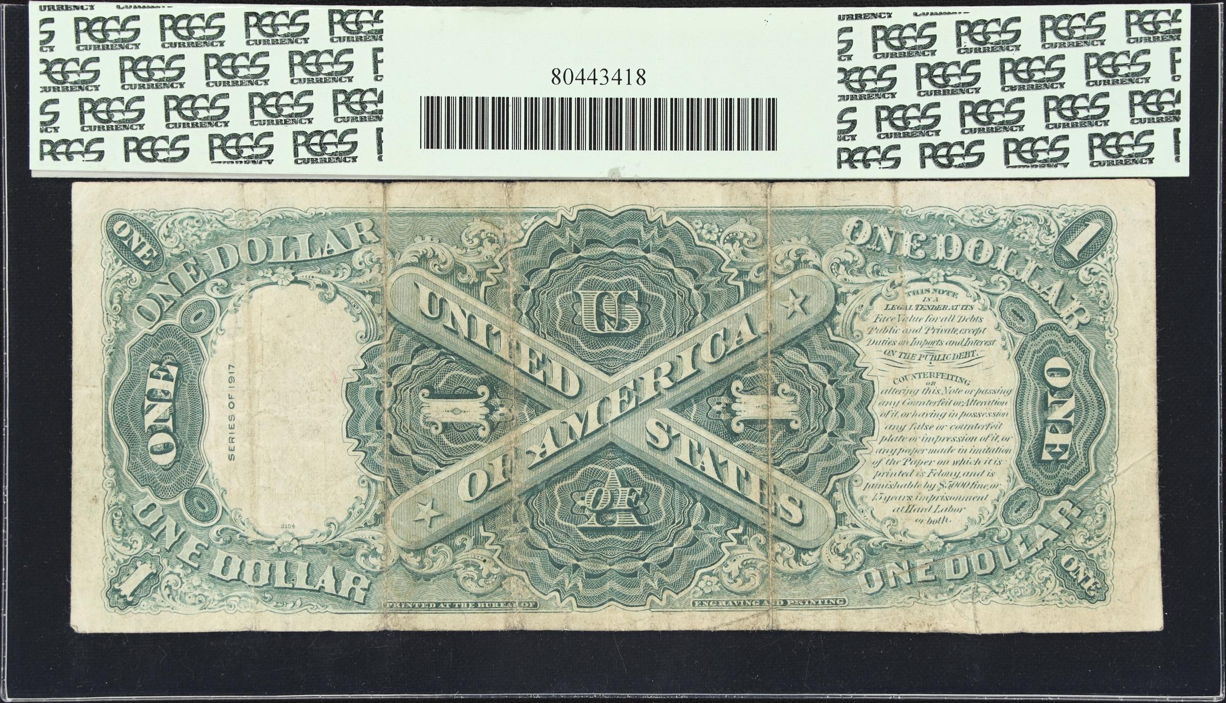 image for: Fr. 38m. 1917 $1 Legal Tender Note. Mule. PCGS Currency Fine 15. Gutter Fold Error.