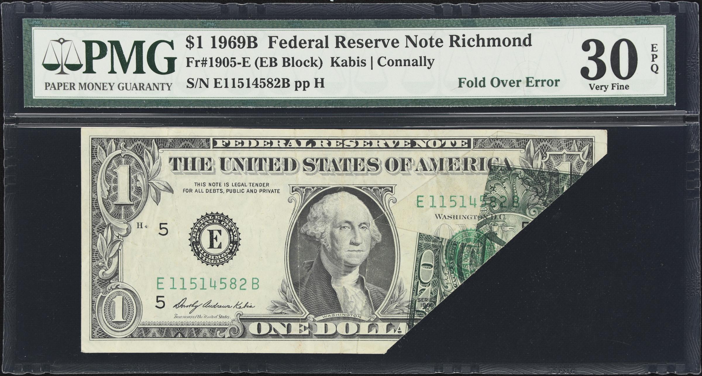 image for: Fr. 1905-E. 1969B $1 Federal Reserve Note. Richmond. PMG Very Fine 30 EPQ. Fold Over Error.