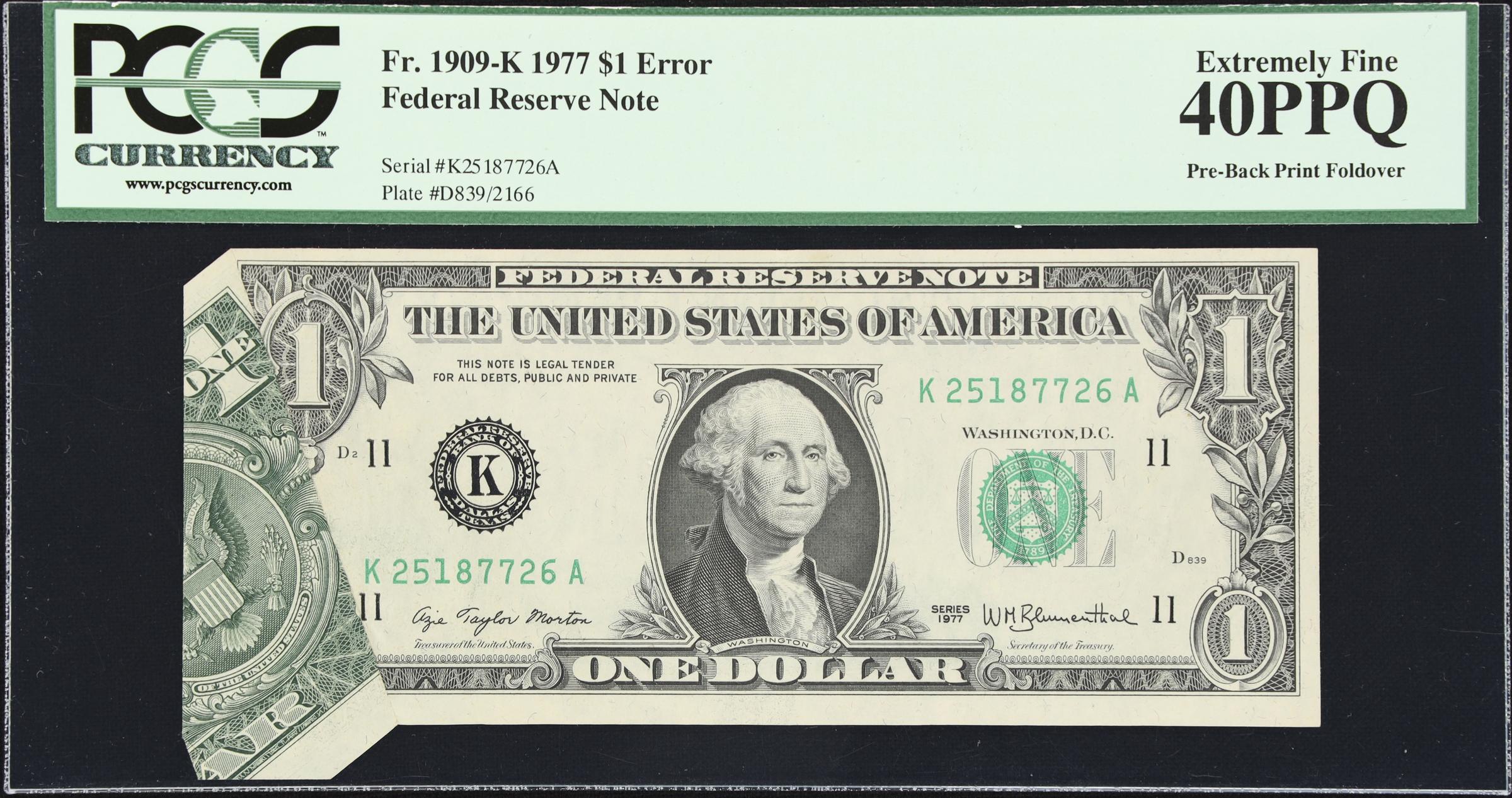 image for: Fr. 1909-K. 1977 $1 Federal Reserve Note. Dallas. PCGS Currency Extremely Fine 40 PPQ. Fold Over Error.