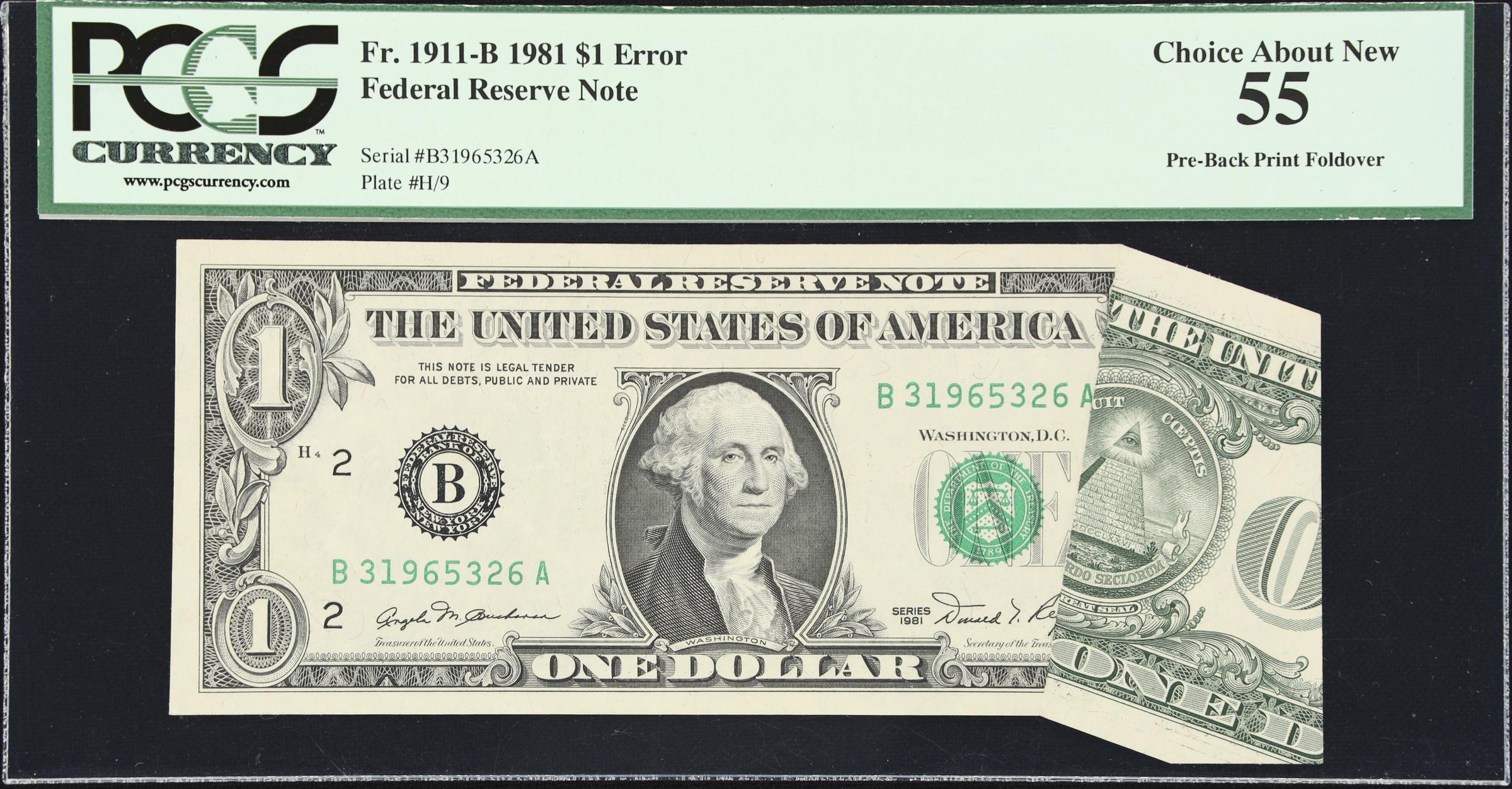image for: Fr. 1911-B. 1981 $1 Federal Reserve Note. New York. PCGS Currency Choice About New 55. Fold Over Error.