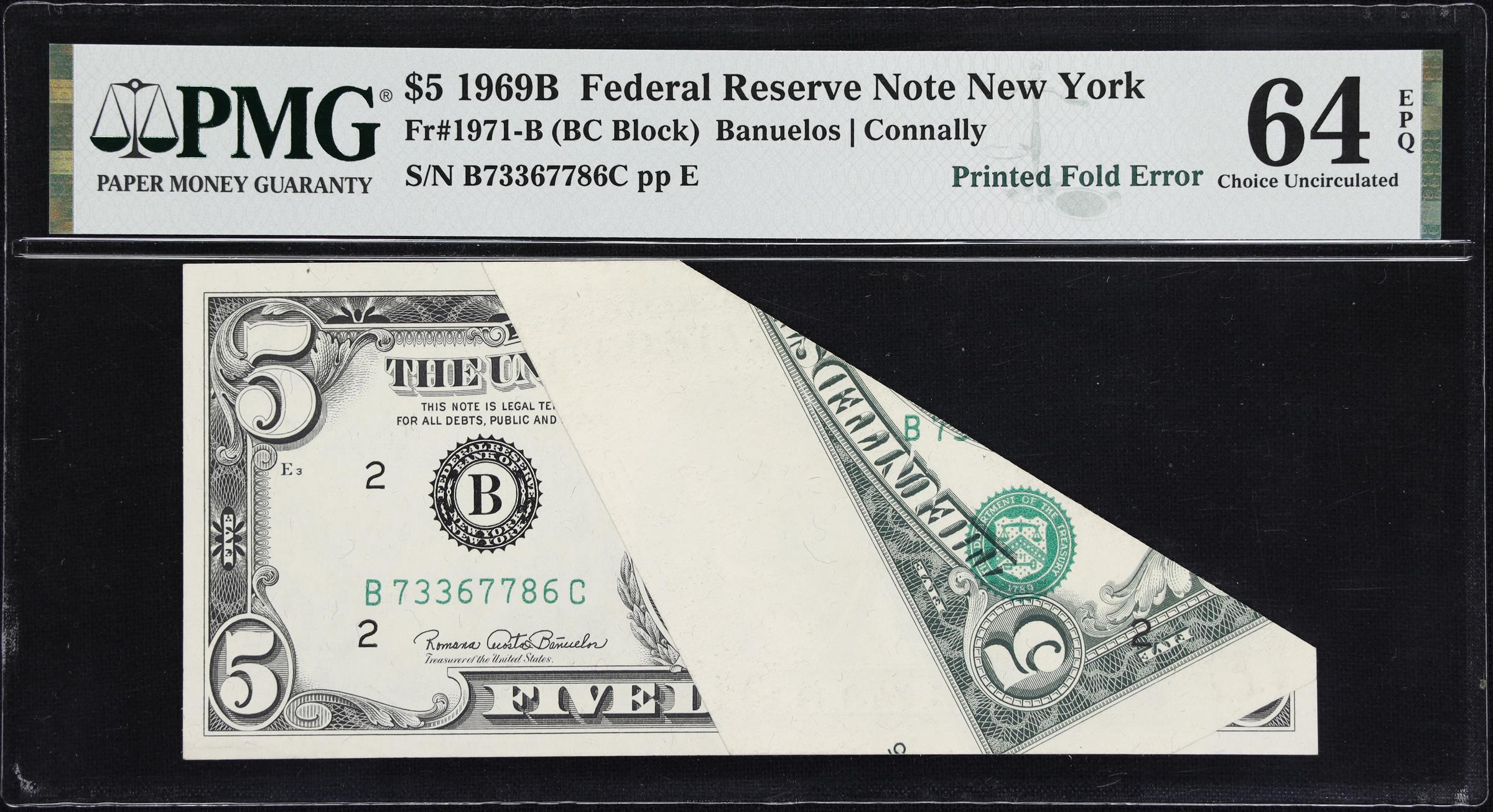 image for: Fr. 1971-B. 1969B $5 Federal Reserve Note. New York. PMG Choice Uncirculated 64 EPQ. Printed Fold Error.